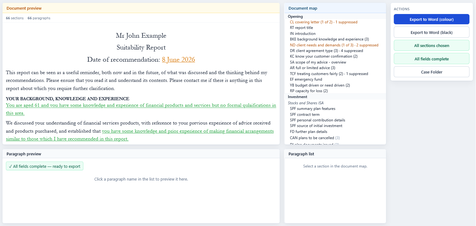 ProSuitability report constructor — structured suitability report draft